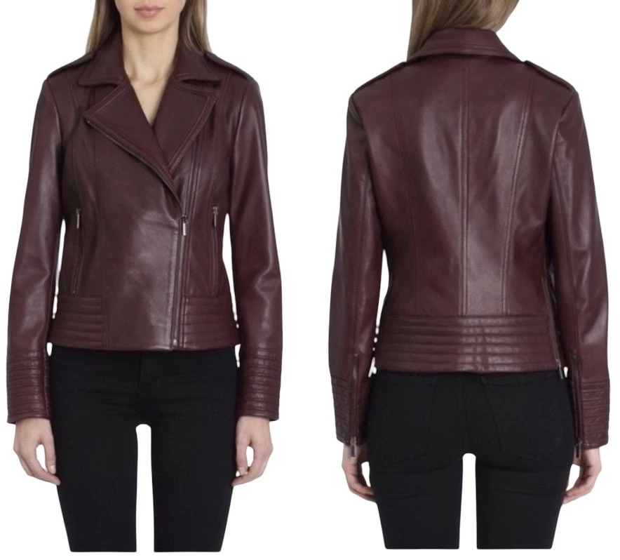 Badgley Mischka Jacket Womens XL Brown Burgundy Gia Lamb Leather Moto Biker - Image 2 of 4