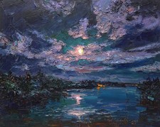 Original Oil Painting Moonlit Lake Landscape Textured Art by A Onipchenko