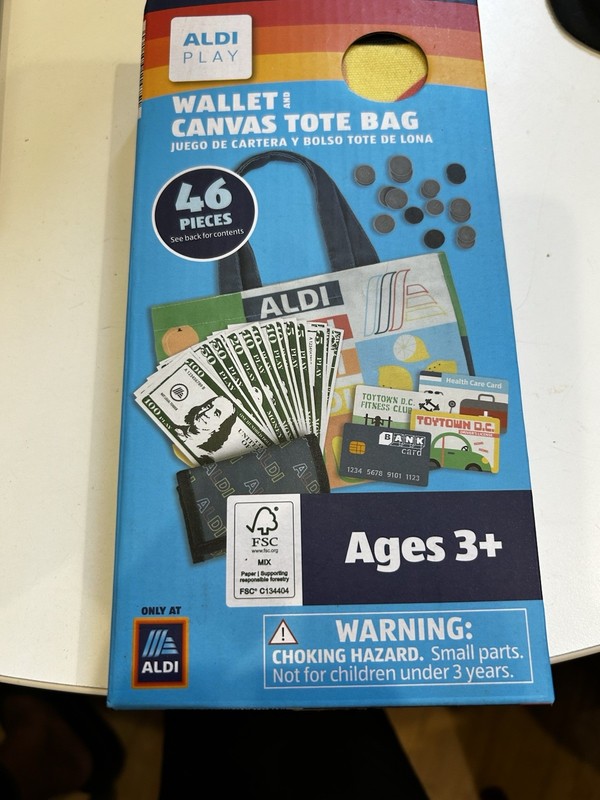 Aldi Wallet & Canvas Tote Bag Play Paper Money Coins Credit Cards Children Set