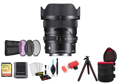 Sigma 24mm f/2 DG DN Contemporary Lens for Sony E with 128GB Memory Card and