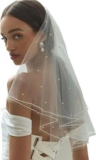 "White Short Wedding Veil Pearl Rhinestone Bride Veils Bridal 1 "