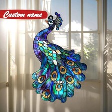 Majestic Peacock Acrylic Suncatcher Faux Stained Glass Window Decor Bird Gift