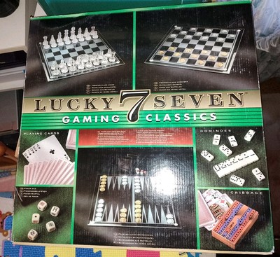 Lucky 7 Spielesammlung aus Glas Schach Backgammon Dame Poker Domino Unbenutzt 