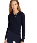 J.CREW WOMEN Ruffle Collar Ribbed Merino Wool Polo Sweater XL Navy Blue BB389