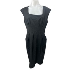 Ann Taylor Black Short Cap Sleeve Square Neck Pleated Mini Sheath Dress Size 10