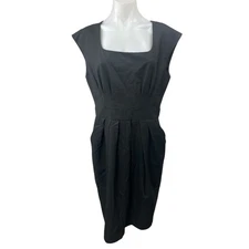 Ann Taylor Black Short Cap Sleeve Square Neck Pleated Mini Sheath Dress Size 10