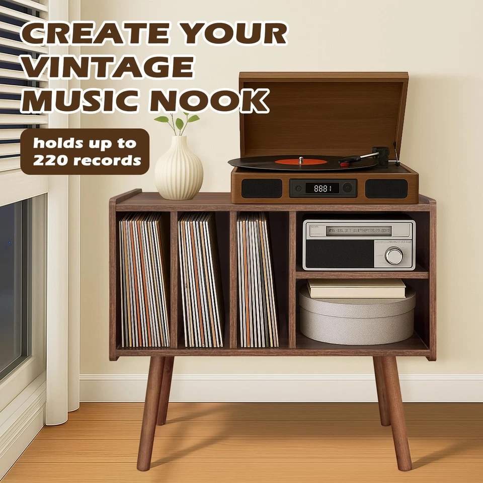 Soporte para tocadiscos con almacenamiento de vinilo, mesa para tocadiscos de madera con 5 cabinas... Foto 2 de 4