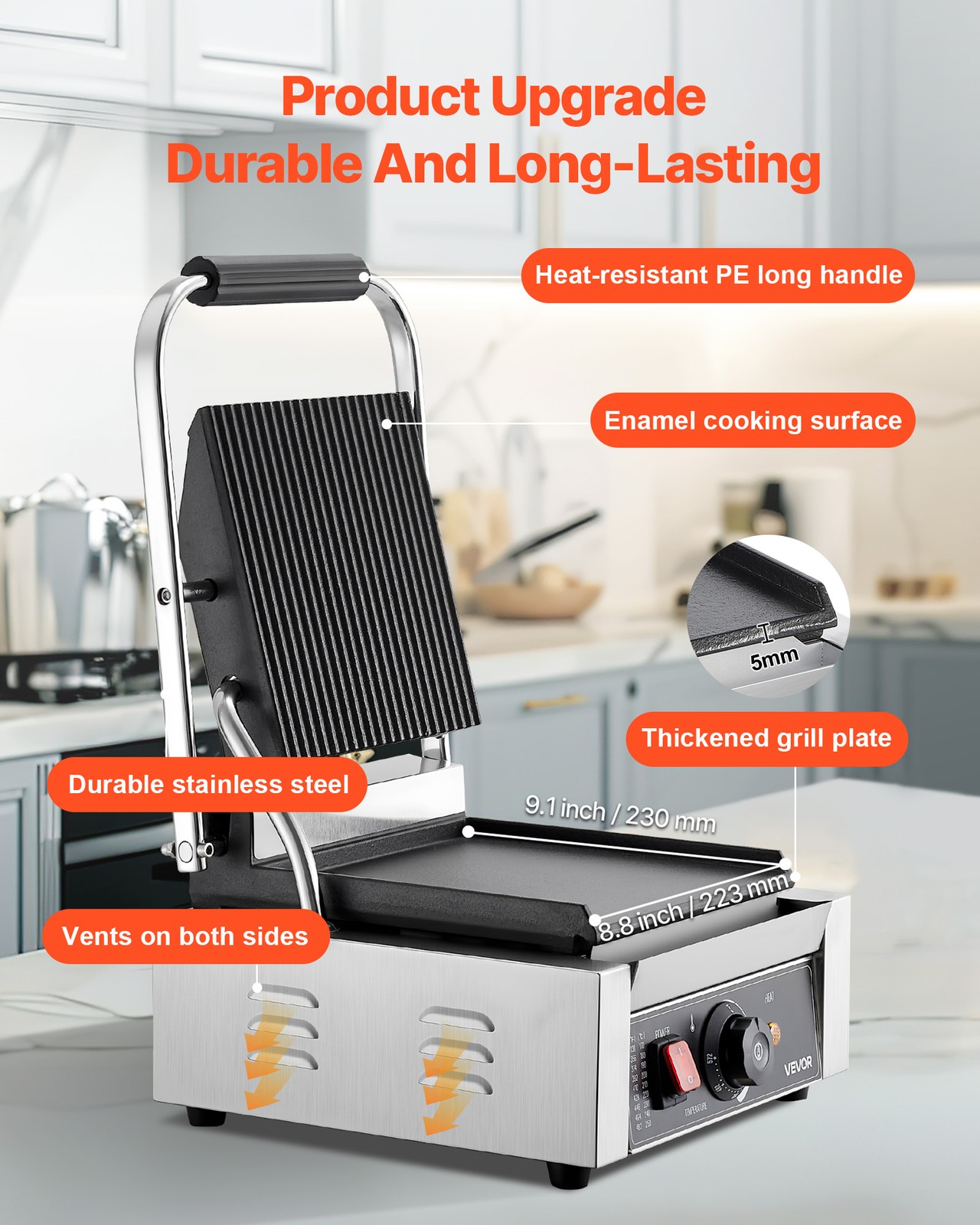 VEVOR  9x9in Commercial Panini Press Grill Electric Sandwich Maker Griddle Plate