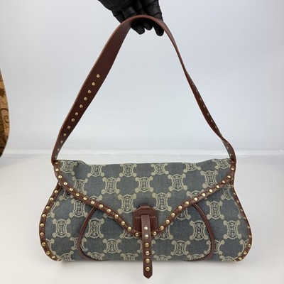   CELINE Vintage Macadam Denim Studded Shoulder Bag Brown Leather Y2K  