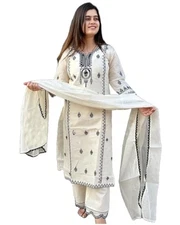 GoSriKi Women's Rayon Blend Straight Embroidered Kurta with Pant & Dupatta (D...