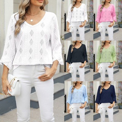 Damen V-Neck Freizeit Shirts Hemdbluse 3/4 Ärmel Lose Oberteile Hohl Tunika Tops