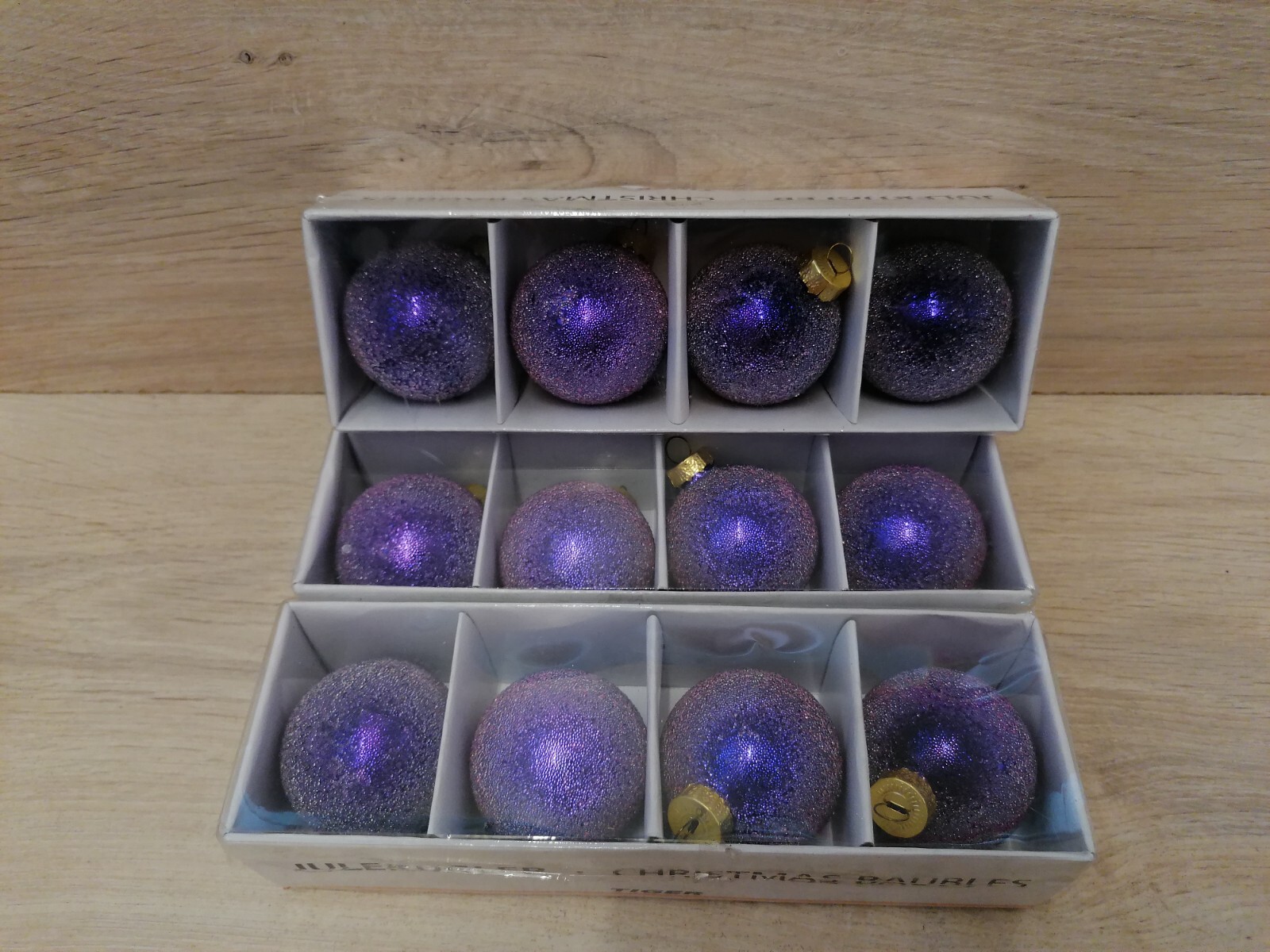 12 Flying Tiger Copenhagen purple glitter small christmas tree baubles