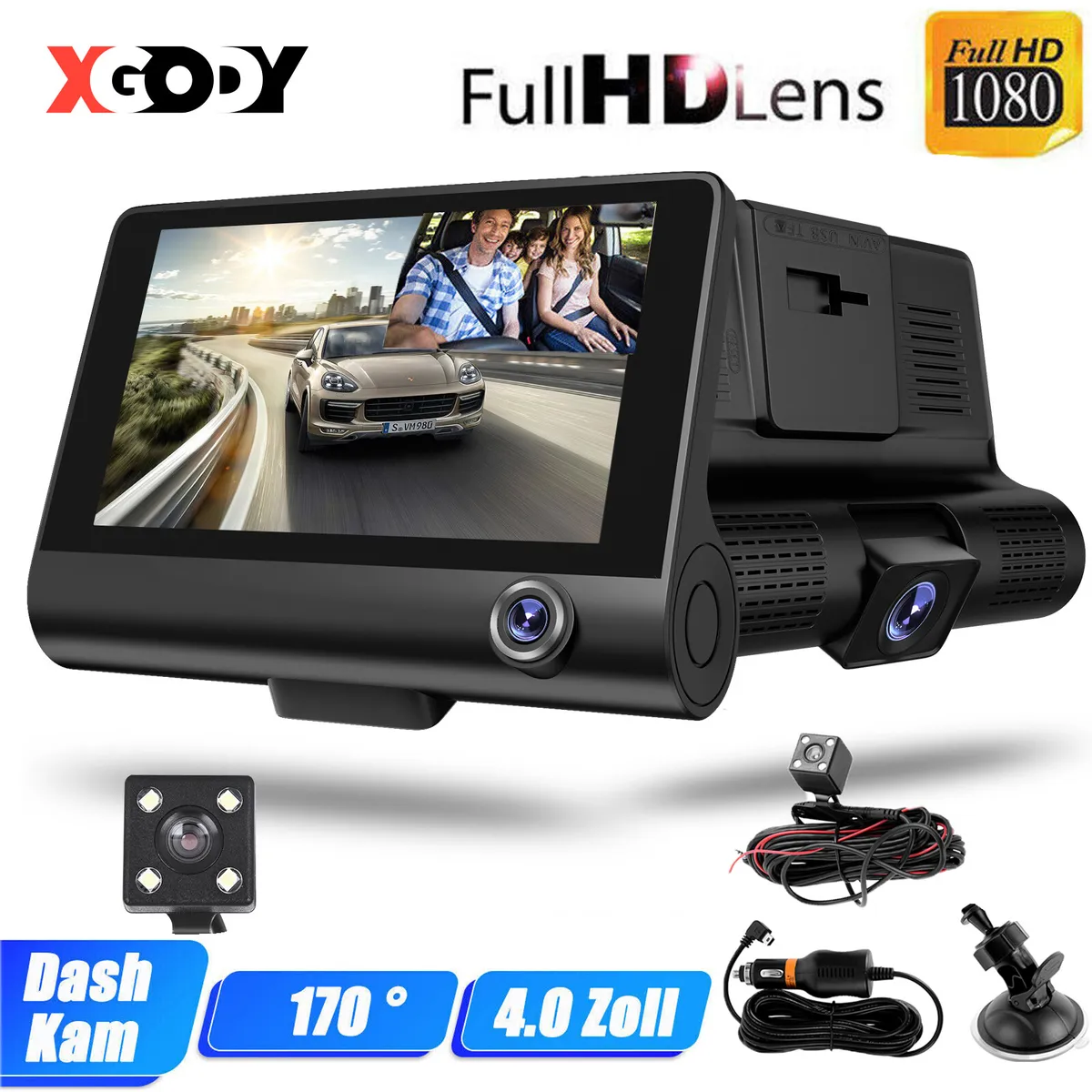 XGODY 3 Lens Auto DVR Dashcam Videorecorder 1080P Vorne hinten Innen Kamera  4