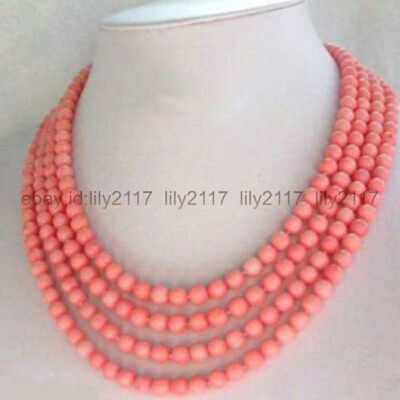 4 Strands 7-8mm Natural Pink Coral Gemstone Round Beads Necklace 17-20''