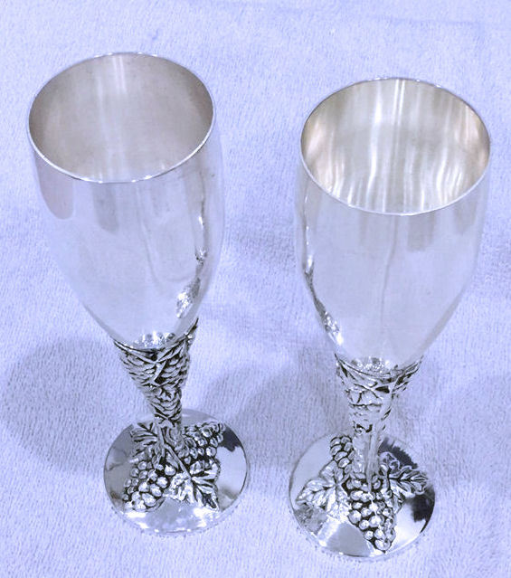 Silver Plated Antique Grape Champagne Flutes 8.25 Inches Tall-image