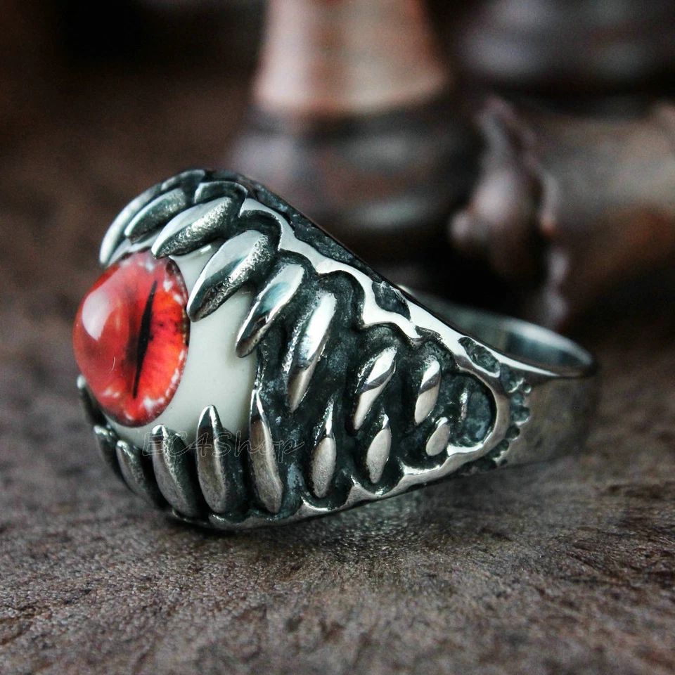 Anillo de acero inoxidable para hombre rojo rojo gato malvado serpiente ojo de diablo dientes de dragón Foto 4 de 4