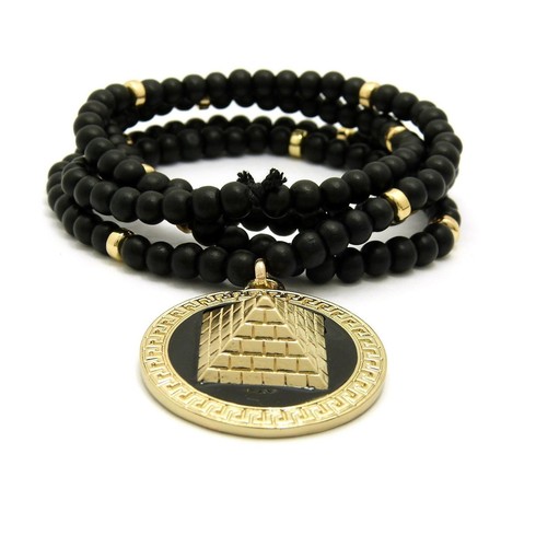 Gold PT Egyptian Pyramid Pendant & 30" Wooden Bead Chain Hip Hop Necklace set - Picture 3 of 6