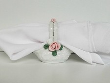 Set of 4 Napkin Rings White Basket Figurines with Pink & White Flower, Pretty