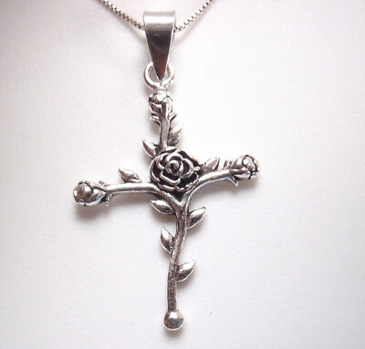A Rose on a Cross 925 Sterling Silver Pendant