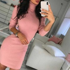 Stylish Women's Rib Knit Turtleneck Sweater Dress-Black, Gray, Pink-Size 10/12
