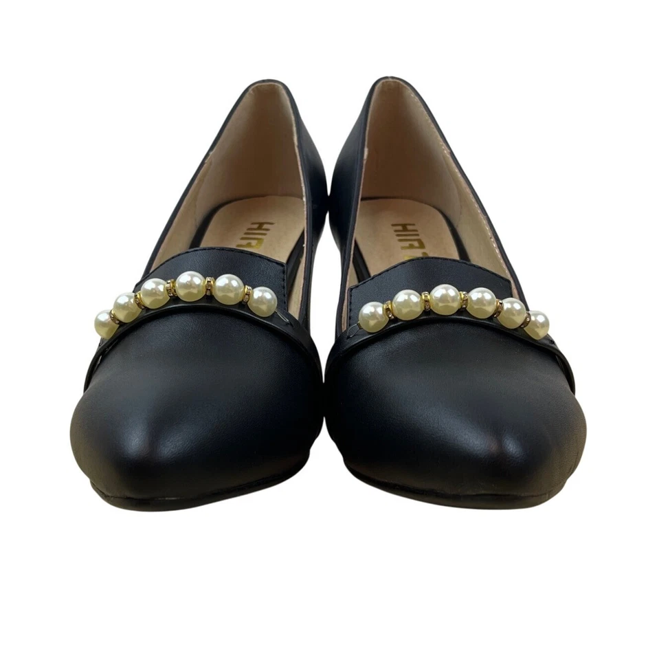 Женская футболка черная искусственная кожа жемчуг украшения и золотой акцент насосы размер 7 - Изображение 2 из 4