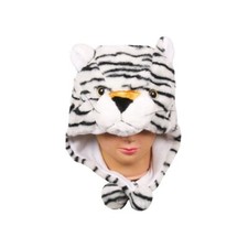 Plush Fleece Animal Hat White Tiger with Pom Poms Fleece lined