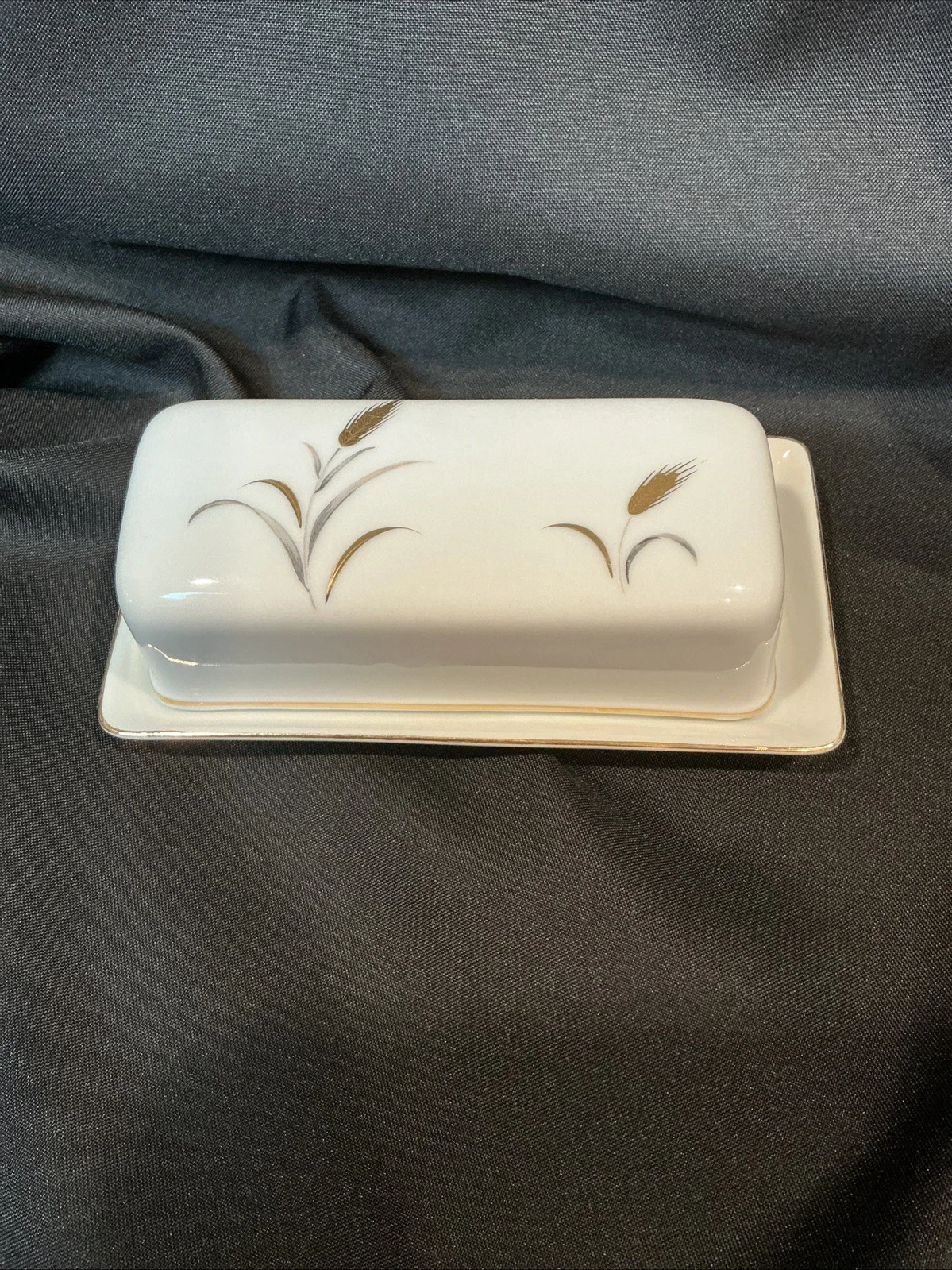 Vintage Eternal Harvest Butter Dish With Lid Wheat Pattern Design Gold Trim