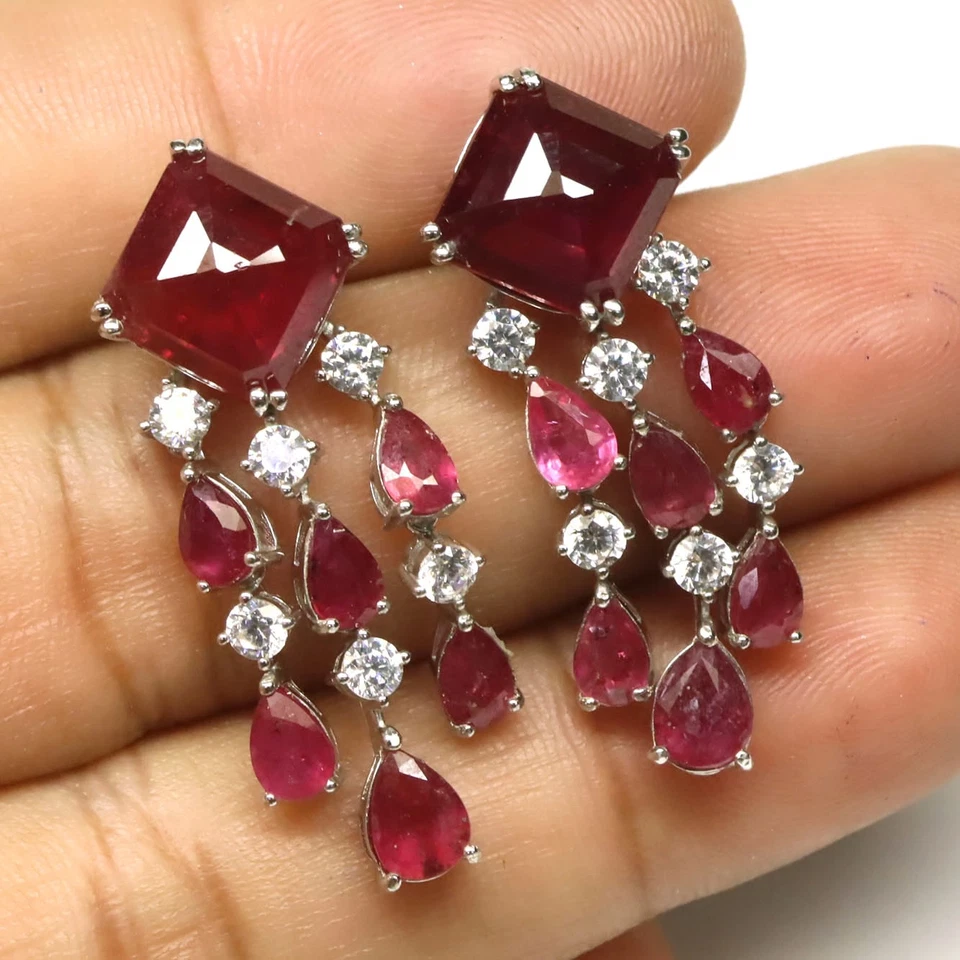 925 Sterling Silver Red Ruby & Cubic Zirconia Earrings White Gold Plated - Image 2 of 4