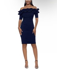 Xscape Womens' Blue Ruffled Ruched Off-The-Shoulder Bodycon Dress Size 12