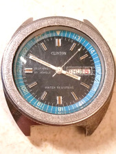 Vtg Clinton Automatic 25 Jewel Day/Date World Time Watch Blue 24 Hour Dial Runs