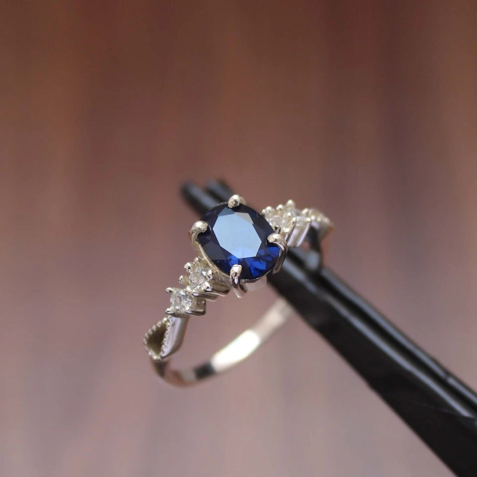 Lab-Created Blue Sapphire Halo Engagement Ring 925 Sterling Silver  Gift for Her - Image 3 of 4