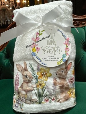 Easter Spring Beaded Bunny Floral Hand Towels Set Of 2 New 16x28  100% Cotton