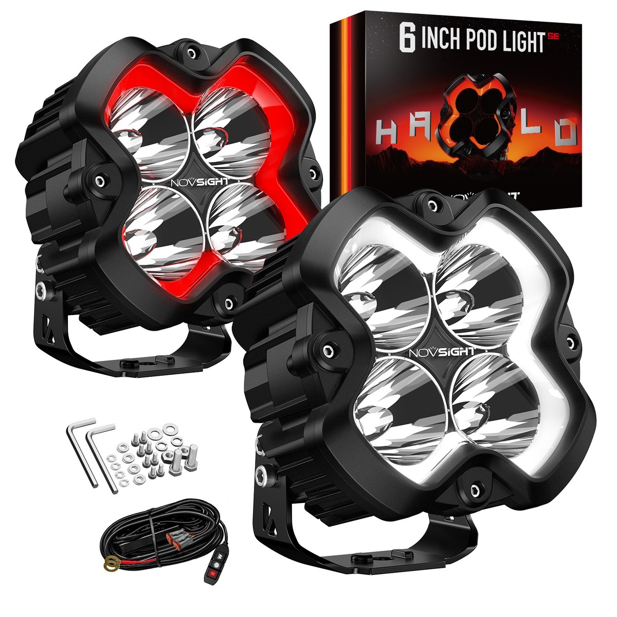 NOVSIGHT HALO SE Series 6 Inch LED Pod Lights Spot Beam with Red