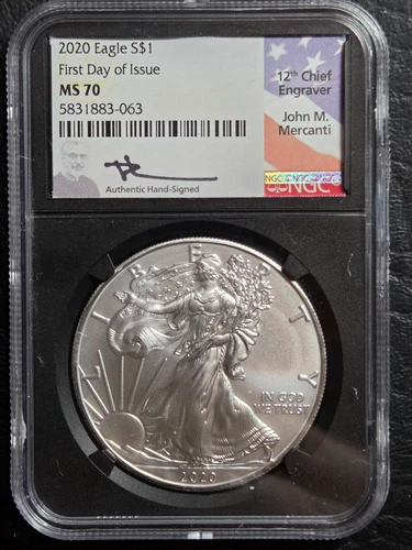 2020 $1.00 American Eagle  Silver Dollar NGC Graded MS 70 John Mercanti Signed