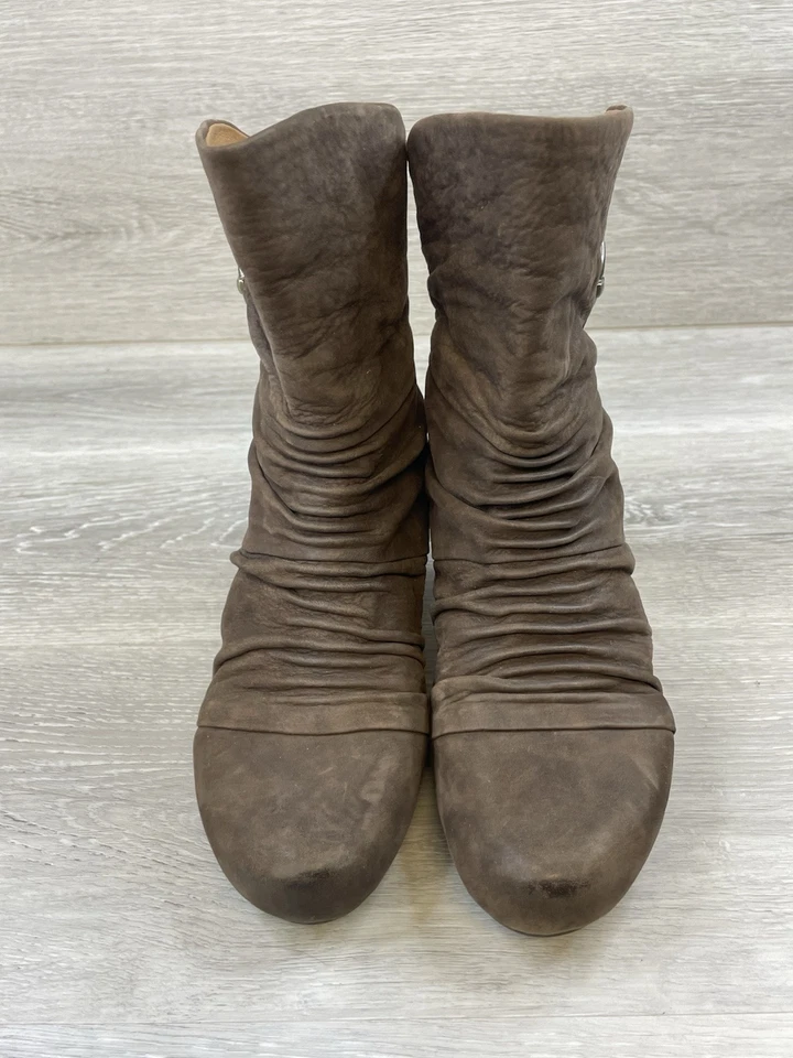 Earthies Chelsea Women's Ankle Boots Brown Leather 8 Wedge Ankle Ruched Buckle - Image 2 of 4