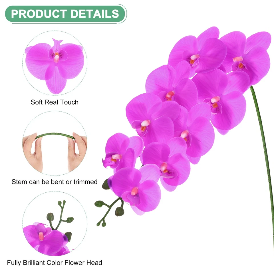 Paquete de 1 flores de orquídea artificiales 9 pétalos grandes para el hogar [púrpura oscuro] Foto 2 de 4