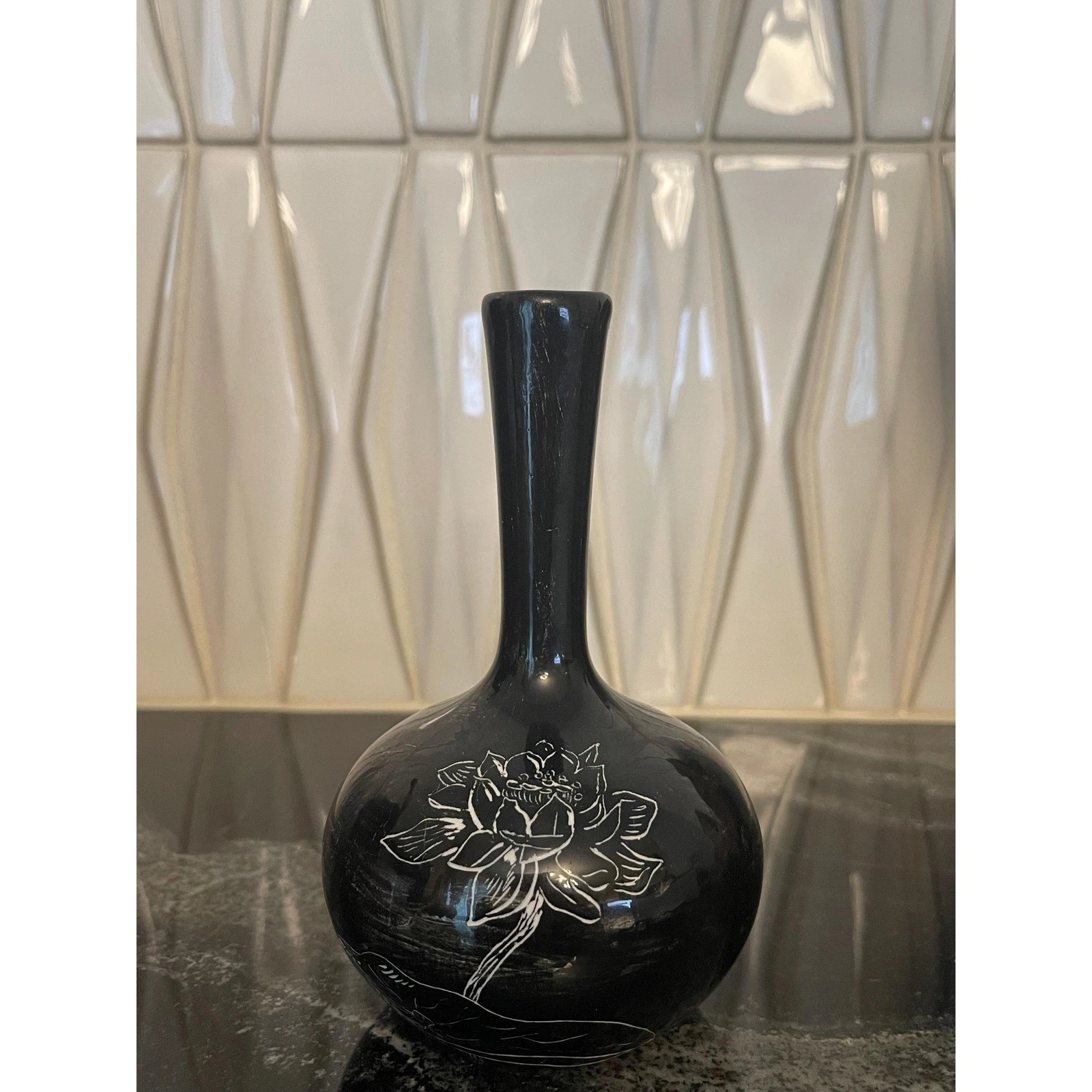Vintage Hand Painted Bud Vase Japanese/MCM(?)Black w. White Lotus Flower & Whale