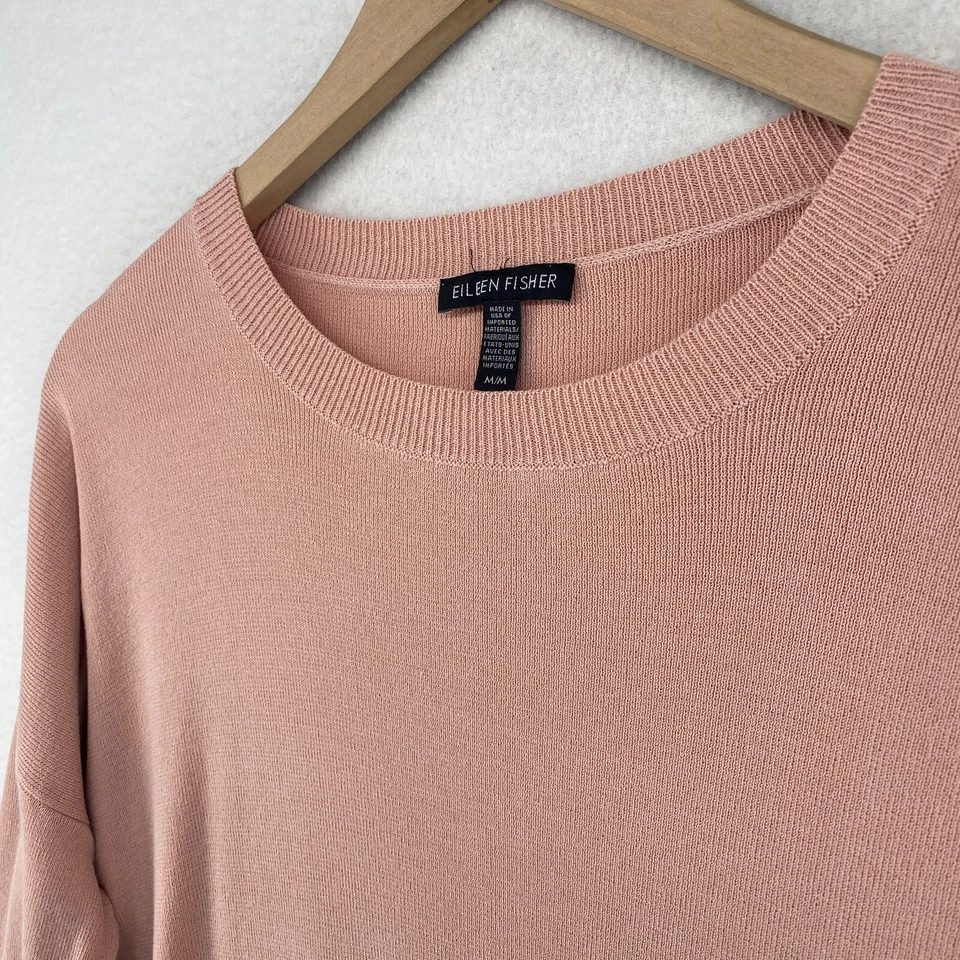 EILEEN FISHER 毛衣 M Tencel 尼龙方格长袖套衫粉色美国 — 第 2/4 张图片