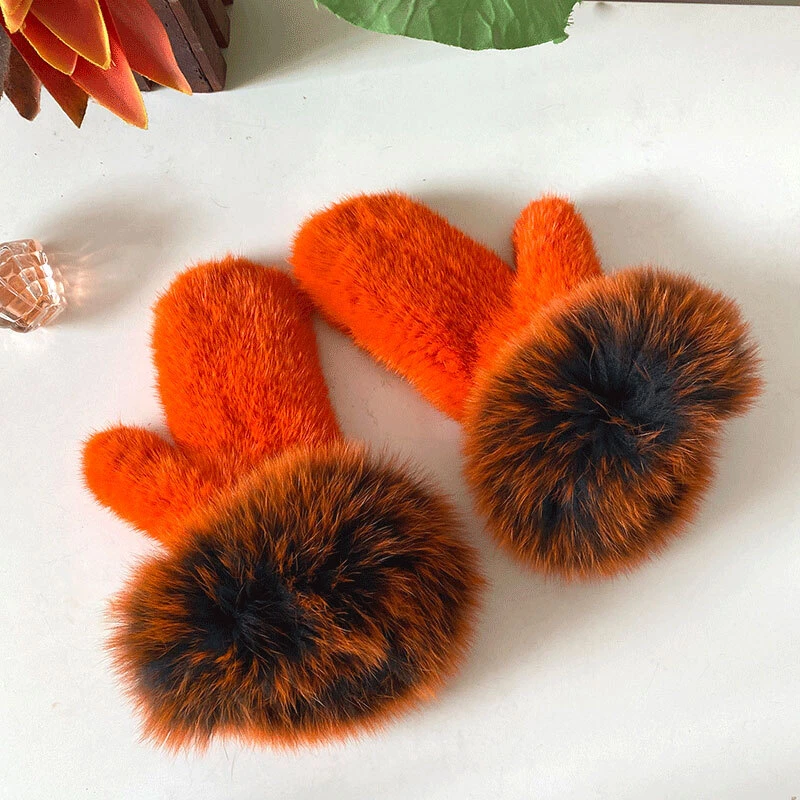 100% Real Mink Fur Gloves Full Finger Mittens Real Fox Fur Cuffs High Elastic - Image 3 of 4