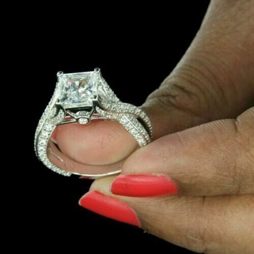 Lab-Created Princess Cut 3.10 Ct Diamond Engagement Ring 925 Sterling Silver