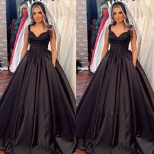 Gothic Black Satin Wedding Dresses With Pockets Sleeveless V Neck Bridal Gowns