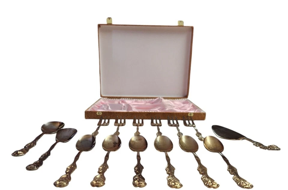 "Raro juego de servir postre Demitasse con estuche de mango rosa dorado inoxidable 4,25""" Foto 2 de 4