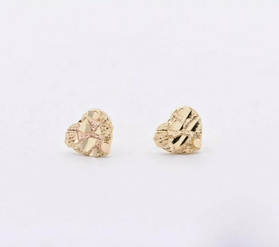 Heart Nugget Stud Earrings Diamond Cut Real Solid 10K Yellow Gold