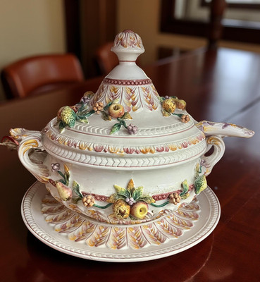 Vintage Majolica Style Covered Soup Tureen w Lid Ladle Underplate Fruit Relief