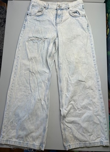 MNG Mango Wide Leg Jeans Womens 6 Light Wash Distressed High Rise Raw Hem Denim