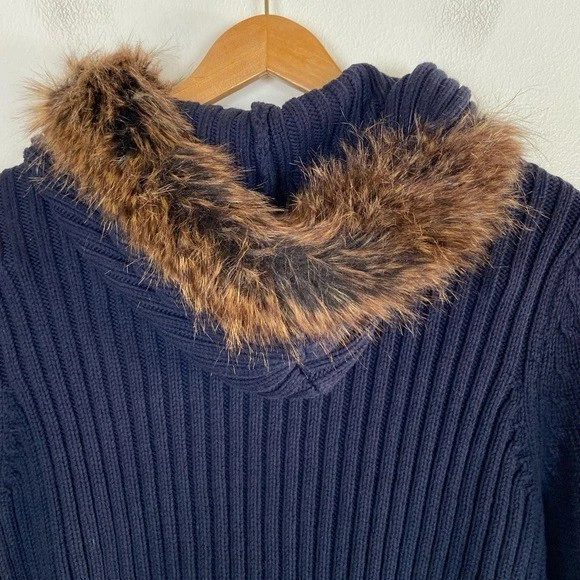 Cárdigan suéter con capucha de piel sintética tejido con cable Bass para mujer XL azul años 90 Y2K Bella Foto 3 de 4