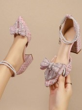 Elegant Pink Bowknot Pumps Chunky Mid Heel Faux Pearl Ankle Strap Wedding Shoes
