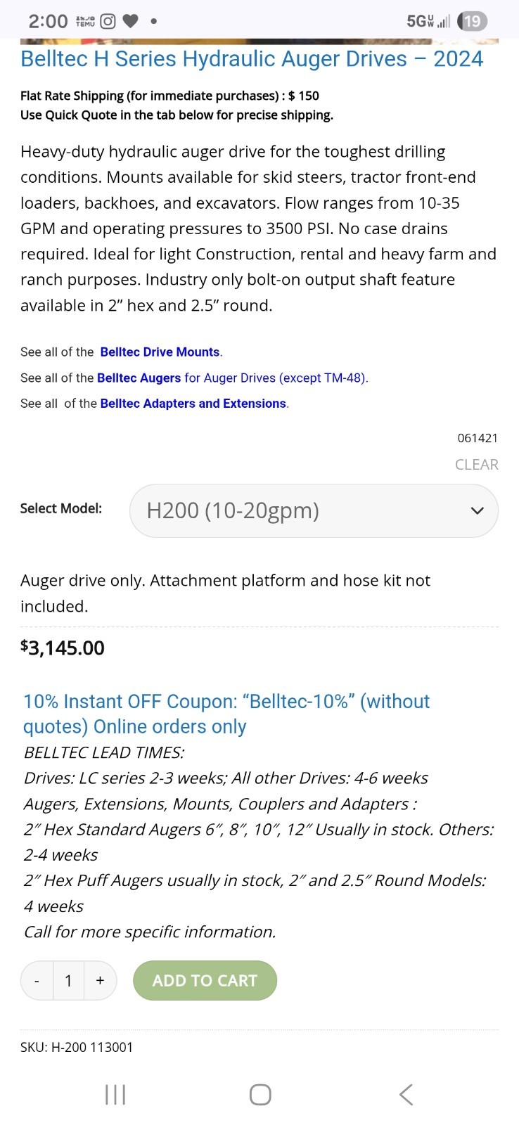 Belltek H200 Hydraulic Auger Kit