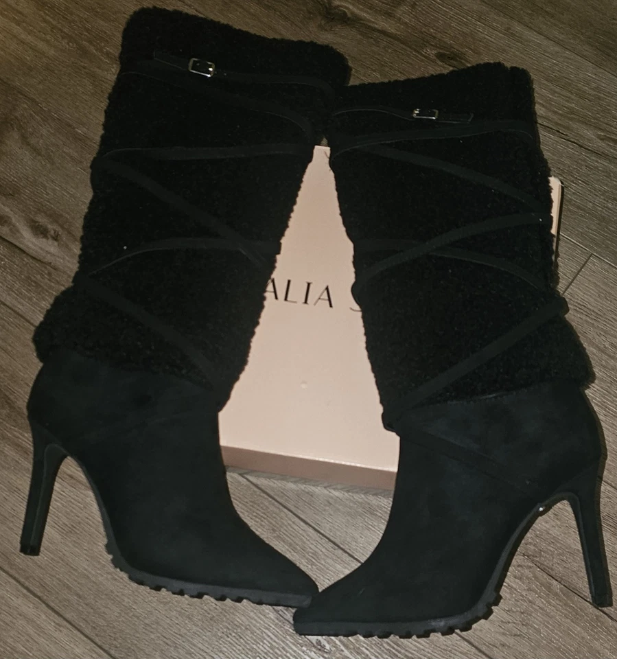 Botas Thalia Sodi “Rikka” negras de tacón medio de la pantorrilla 5,5 M | Detalle envolvente Sherpa | Foto 2 de 4