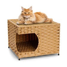 Cat House for Indoor Cats - Wicker Cat Bed with Double-Sided Soft Cushion, De...